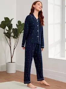 Contrast Binding Galaxy Print PJ Set / Pajama Set, Fall Winter Clothes  Cozy And Elegant Details - Navy Blue - View 4