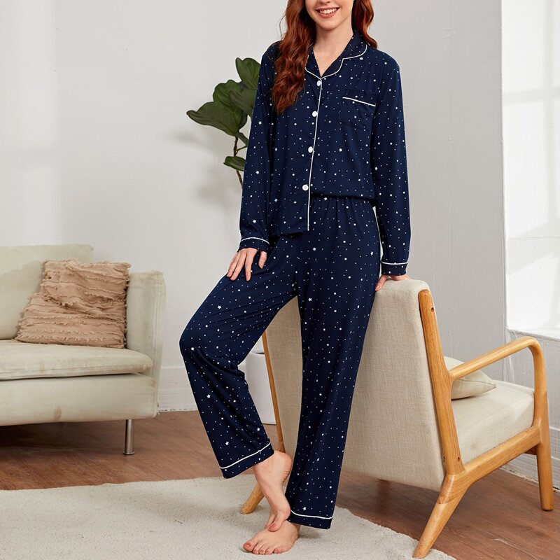 

Contrast Binding Galaxy Print PJ Set, Navy blue