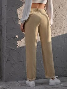 Pantalones rectos de cintura alta de pana - Caqui - Ver 2