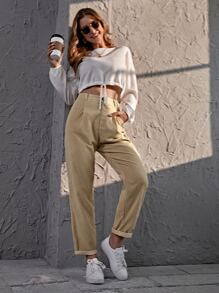 Pantalones rectos de cintura alta de pana - Caqui - Ver 3