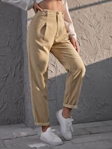 Pantalones rectos de cintura alta de pana - Caqui - Ver 4