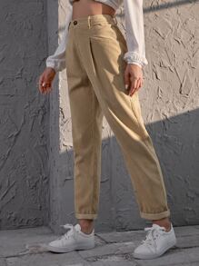 Pantalones rectos de cintura alta de pana - Caqui - Ver 5