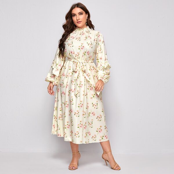 

Plus Floral Print Ruffle Detail Belted Dress, Multicolor