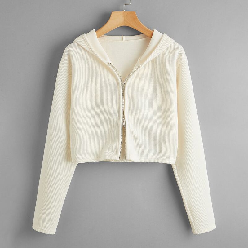 

Solid Zip Up Hooded Cardigan, Beige