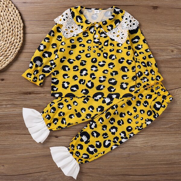 

Toddler Girls Leopard Contrast Lace Top With Flare Leg Pants, Multicolor