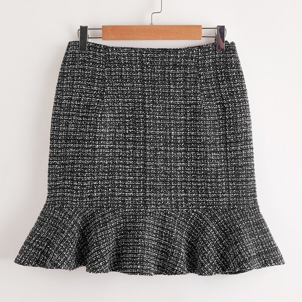 

Plaid Ruffle Hem Tweed Skirt, Black