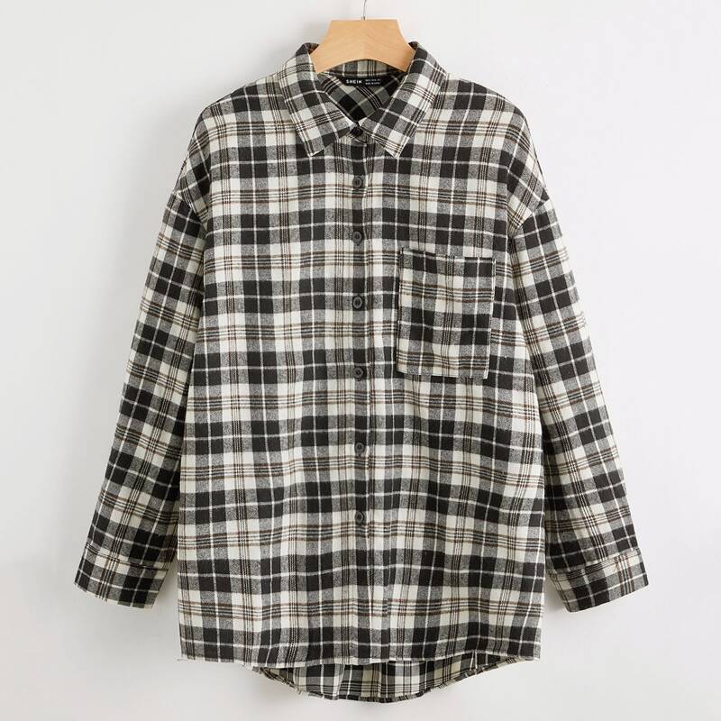 

Tartan Pocket Front Dip Hem Flannel Shirt, Multicolor