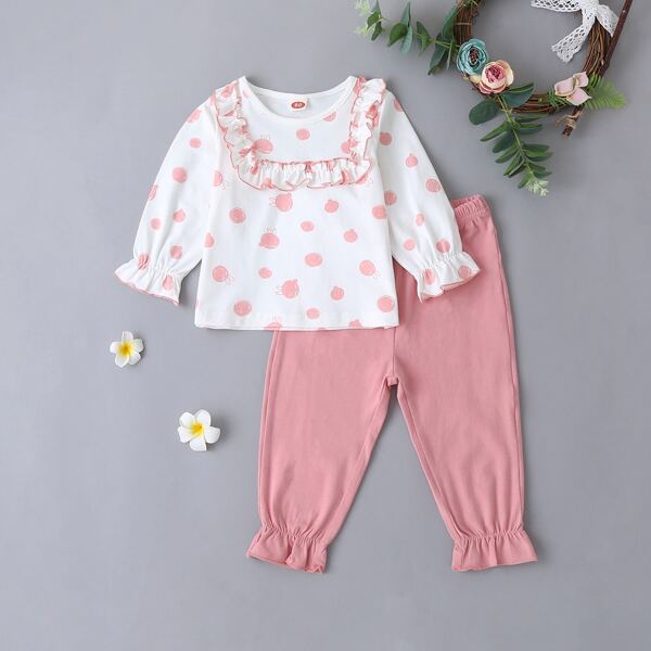 

Baby Girl Ruffle Trim Flounce Sleeve Tee & Pants, Multicolor