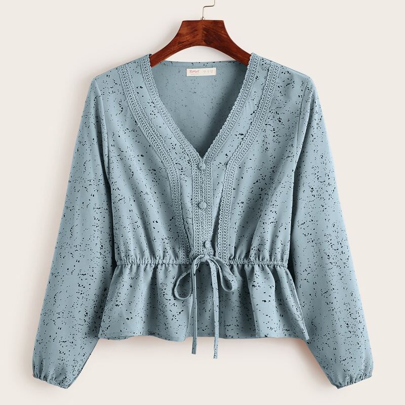 

Allover Print Peplum Blouse, Cadet blue