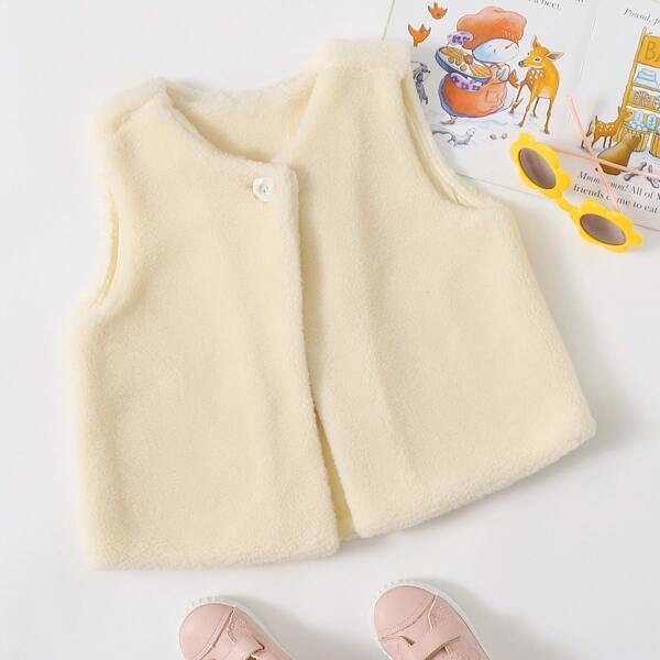 

Toddler Girls Solid Single Button Teddy Vest Coat, Beige