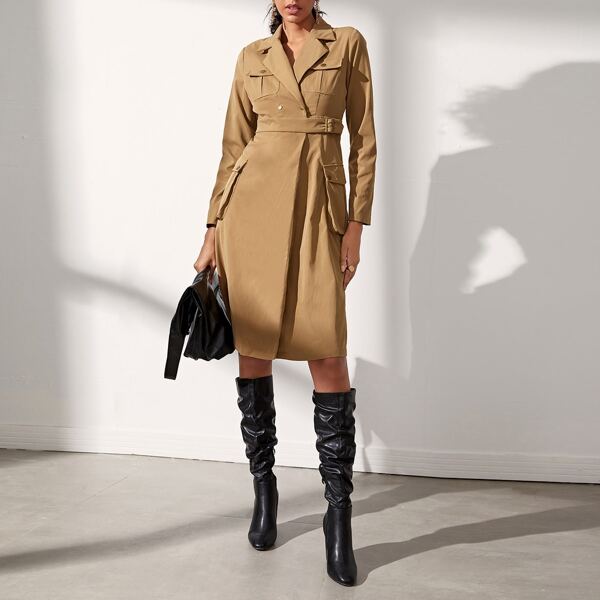 

Lapel Neck Button Front Belted Dress, Camel