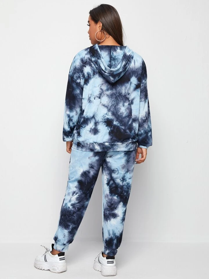 SHEIN Plus Tie Dye Drop Shoulder Drawstring Hoodie u0026 Sweatpants Set | SHEIN  USA