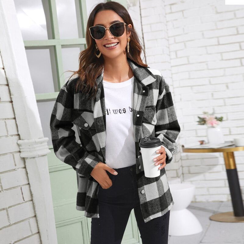 

Gingham Print Button Through Overcoat, Black and white