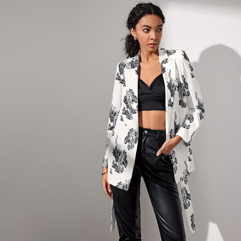 

Peak Collar Leopard Print Belted Blazer, White