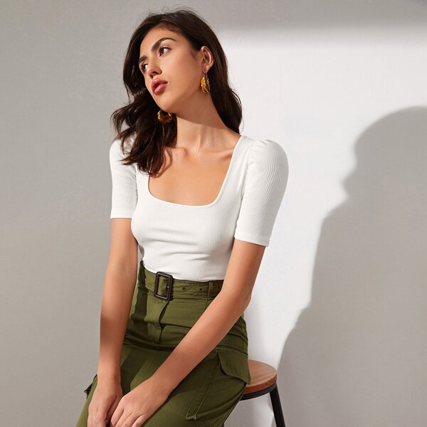 

Square Neck Rib-knit Tee, White