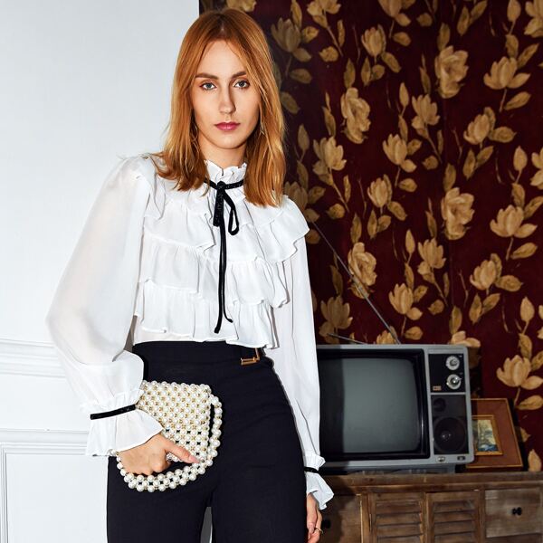 

Tie Neck Ruffle Trim Blouse, White