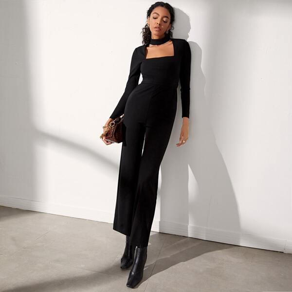

Choker Neck Pocket Front Solid Jumpsuit, Black
