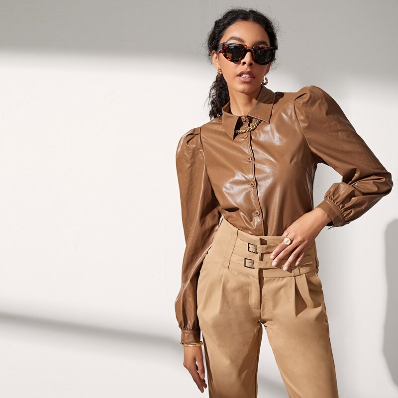 

Bishop Sleeve PU Leather Blouse, Coffee brown