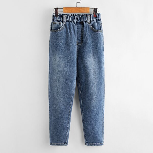 

Boys Elastic Waist Letter Embroidery Jeans, Medium wash