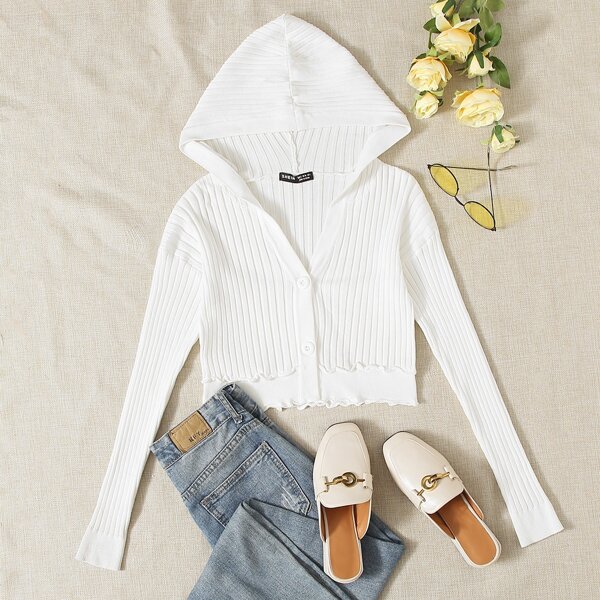 

Drop Shoulder Lettuce Trim Crop Hooded Cardigan, White