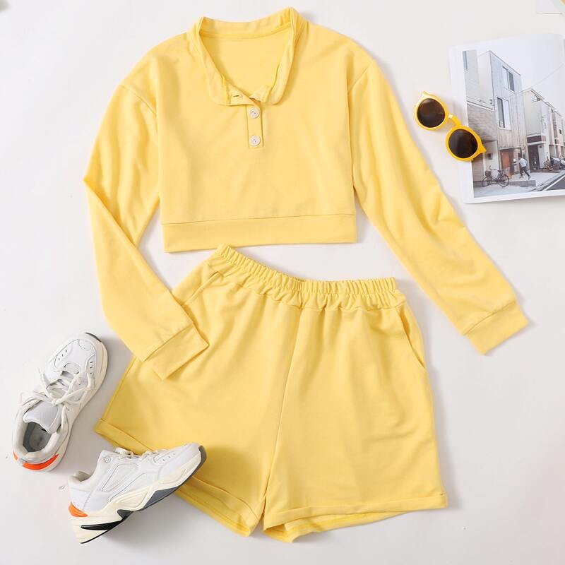 

Solid Sweatshirt & Cuffed Shorts, Yellow