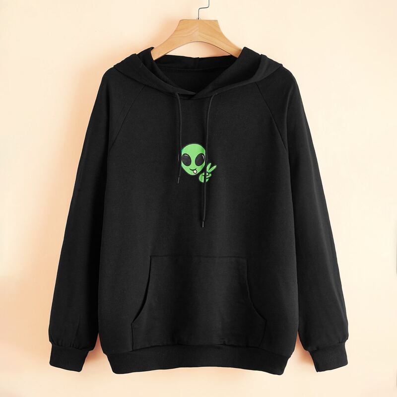 

Kangaroo Pocket Alien Print Hoodie, Black