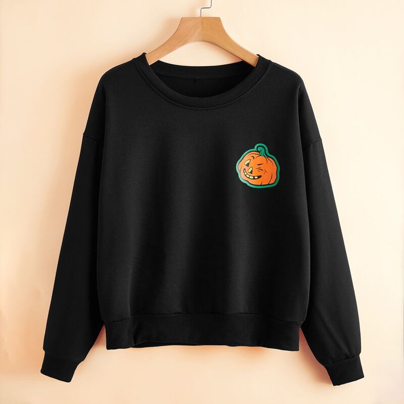 

Cartoon Pumpkin Graphic Sweatshirt, Black