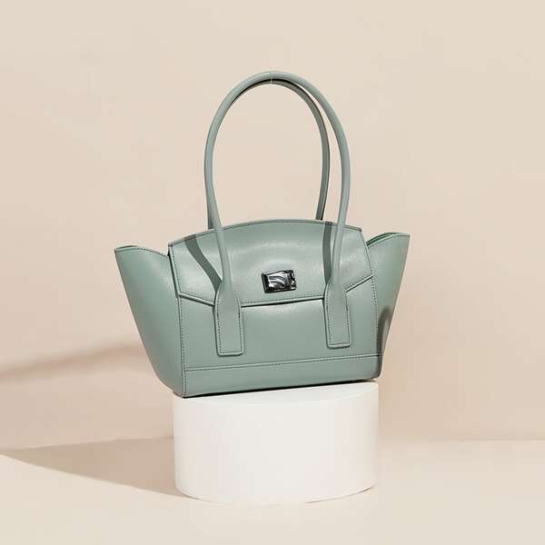 

Geometric Decor Calfskin Leather Tote Bag, Blue