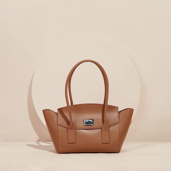 

Geometric Decor Calfskin Leather Tote Bag, Brown