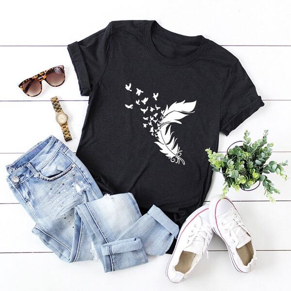 

Feather Print Short Sleeve Tee, Black
