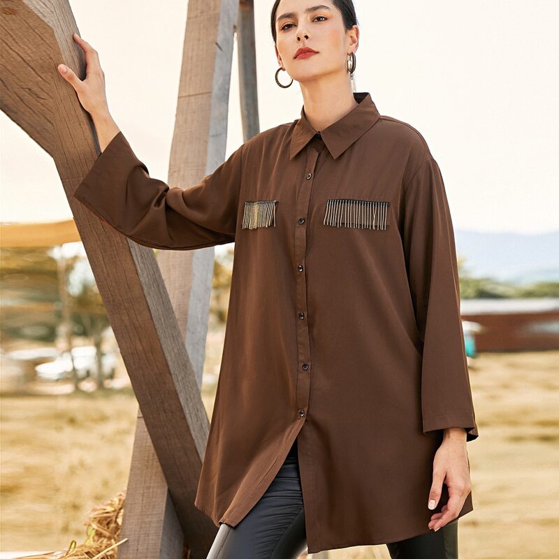 

Fringe Trim Button Up Coat, Coffee brown