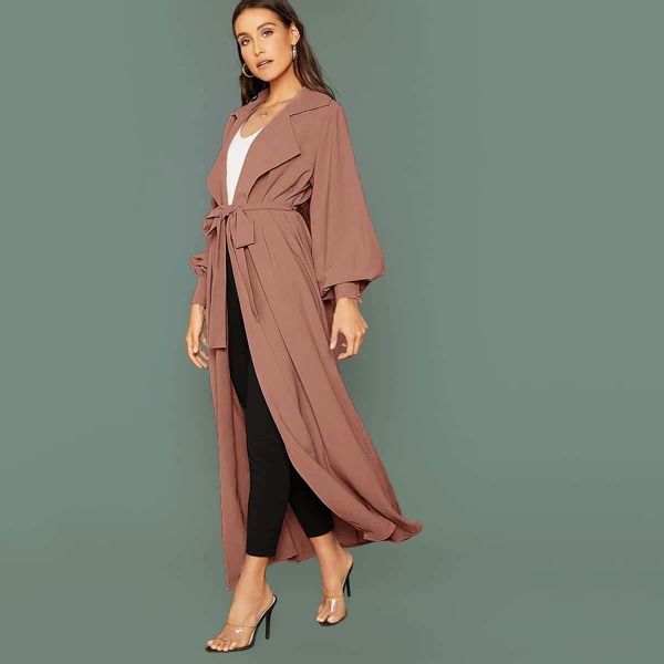

Lantern Sleeve Solid Belted Coat, Redwood