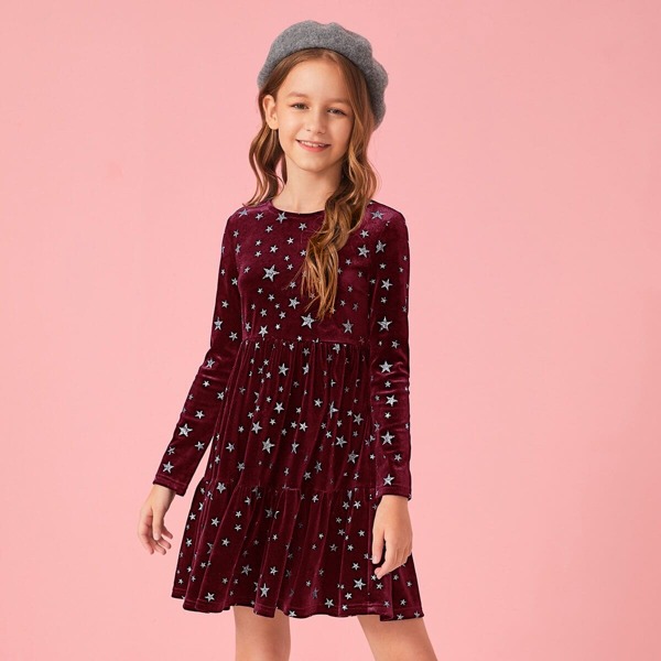 

Girls Star Pattern Ruffle Hem Velvet Dress, Burgundy