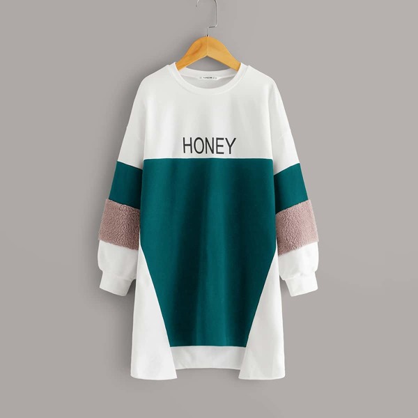 

Girls Teddy Panel Letter Graphic Stepped Hem Sweatshirt, Multicolor