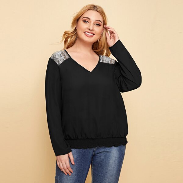 

Plus Contrast Sequin Frill Hem Top, Black