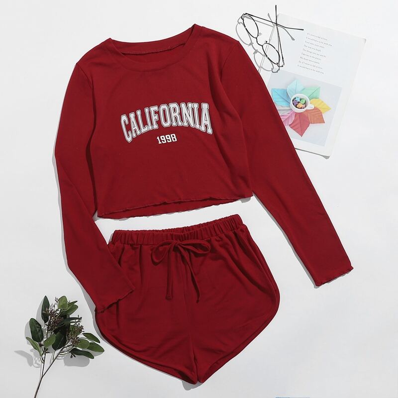 

Letter Graphic Tee & Dolphin Shorts PJ Set, Burgundy