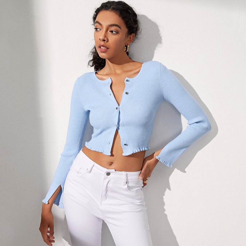 

Lettuce Edge Button Up Crop Cardigan, Dusty blue
