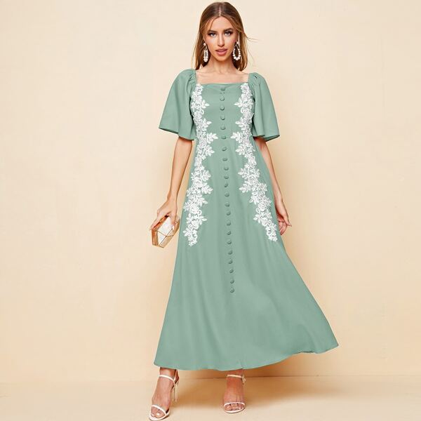 

Square Neck Buttoned Guipure Lace Front Dress, Mint green