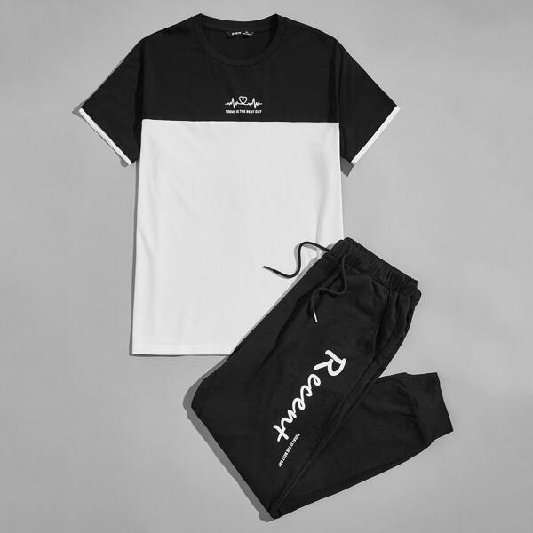 

Men Slogan & Heart Print Colorblock Tee and Sweatpants Set, Black