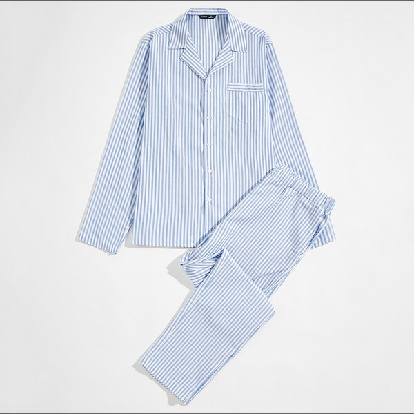 

Men Pocket Front Striped Shirt & Pants PJ Set, Blue and white