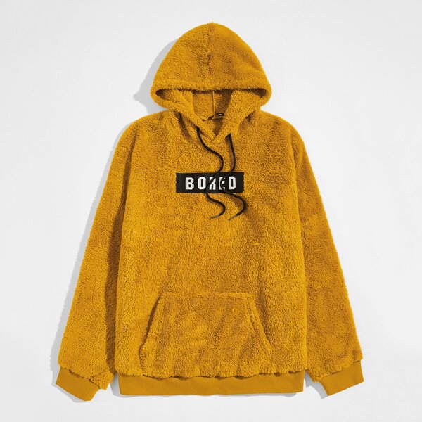

Men Letter Embroidery Teddy Hoodie, Mustard yellow