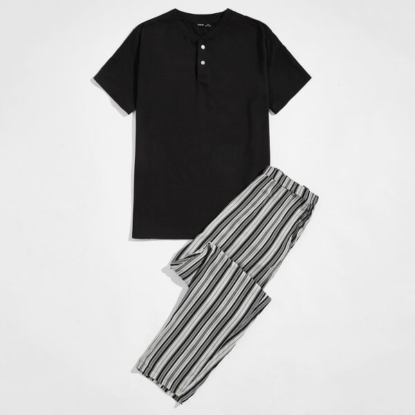 

Men Button Half Placket Tee & Slant Pocket Striped Pants PJ Set, Black and white