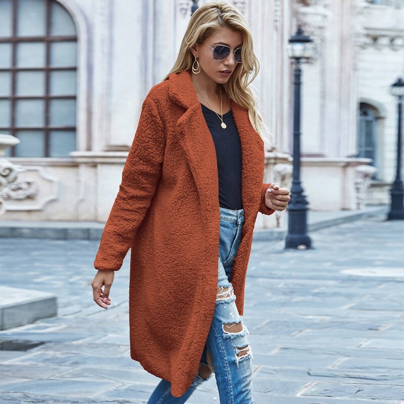 

Lapel Neck Open Front Teddy Coat, Burnt orange