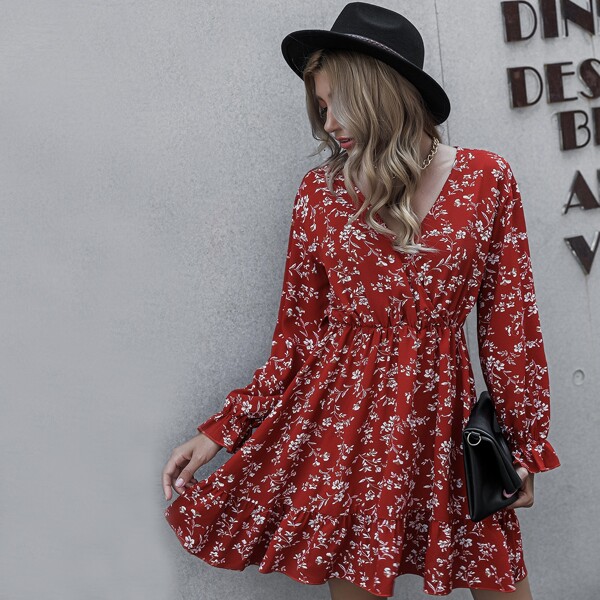 

Floral Print Surplice Front Dress, Burgundy