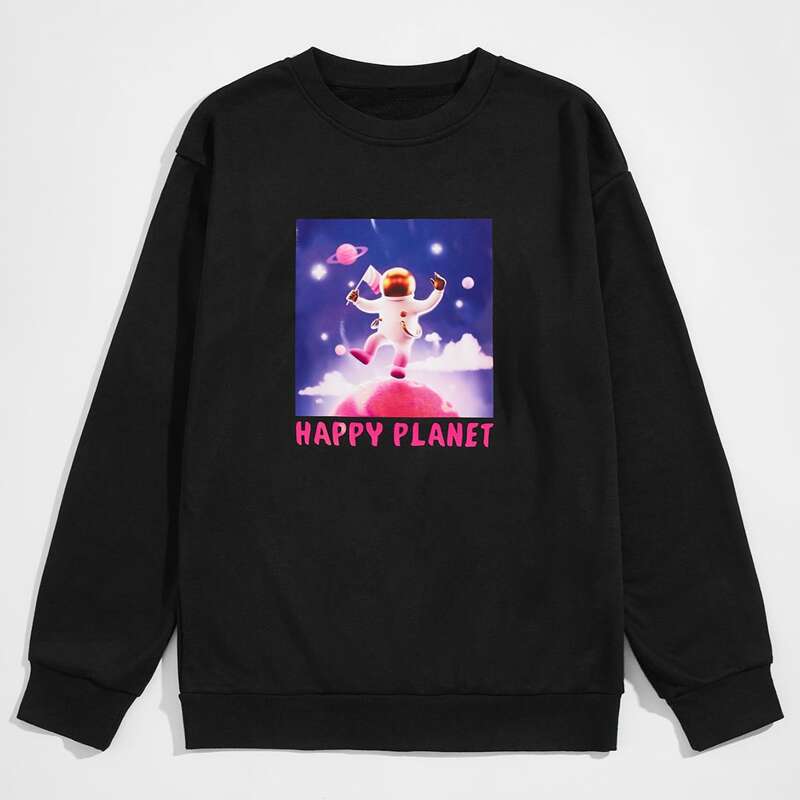 

Guys Astronaut & Letter Graphic Sweatshirt, Black
