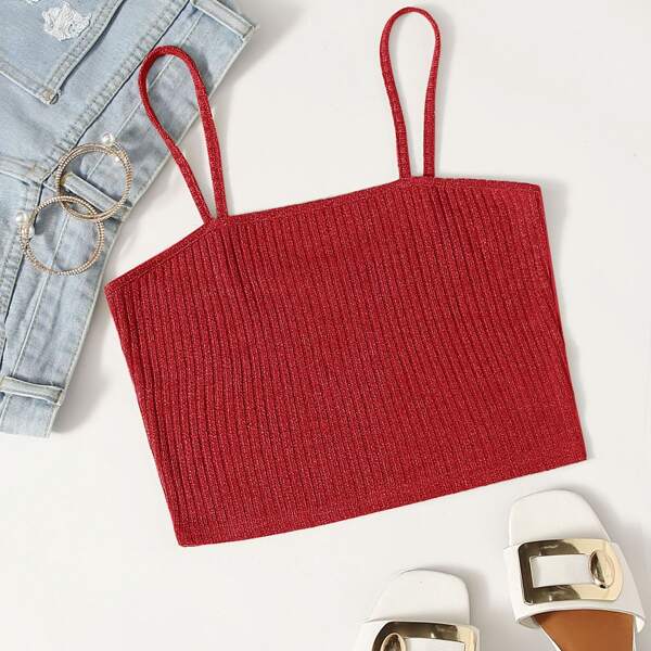 

Rib-knit Solid Crop Cami Top, Red