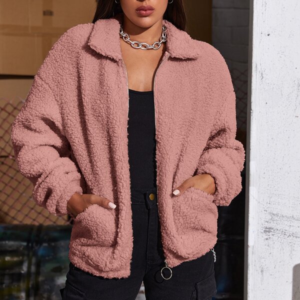

Drop Shoulder O-ring Zipper Up Teddy Jacket, Dusty pink