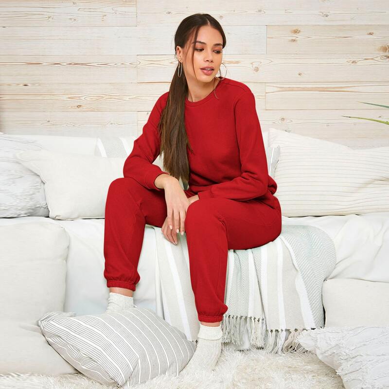 

Solid Pullover & Drawstring Waist Sweatpants Set, Red