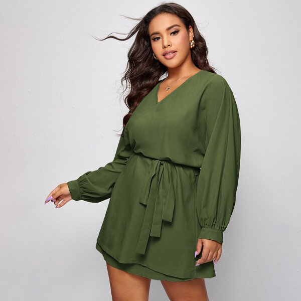 

Plus Batwing Sleeve Self Tie Wrap Dress, Army green
