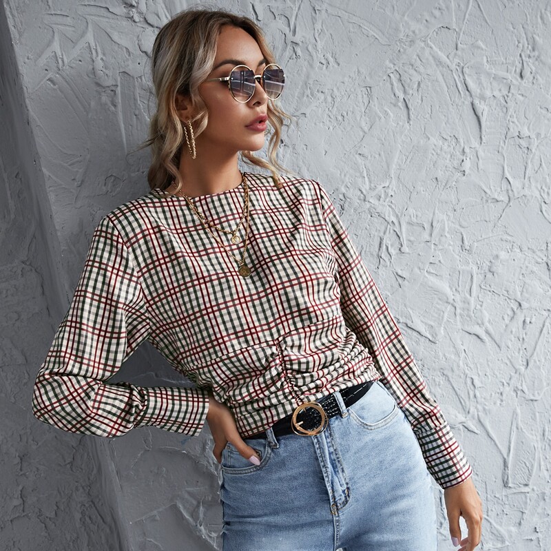 

Plaid Ruched Crew Neck Blouse, Multicolor